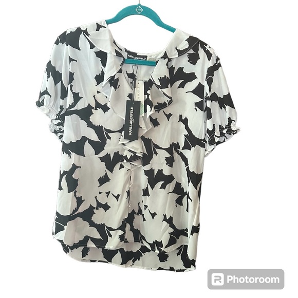 Karl Lagerfeld Paris Kindra‎ Ruffle Front Short Sleeve Blouse Large NWT - Picture 3 of 14